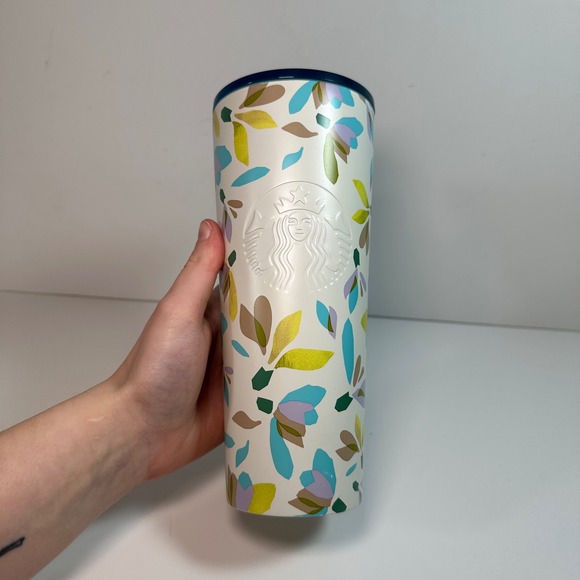Starbucks 2023 Floral Leaf Cold Cup Tumbler 24oz White Blue Gold Stainless Steel - Picture 4 of 6